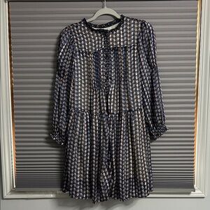 Zara Kids Printed Navy and White Long-Sleeve Tiered Dress